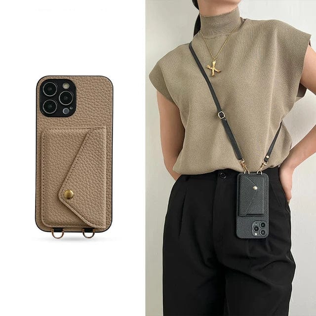 Leather Phone Case with Card Holder and Key Lanyard Adjustable Shoulder Strap Durable Everyday Carry