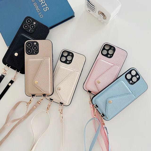Leather Phone Case with Card Holder and Key Lanyard Adjustable Shoulder Strap Durable Everyday Carry