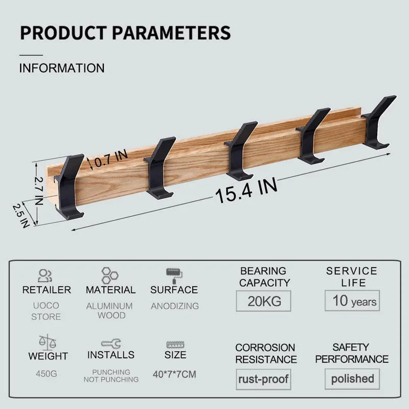Davy Wall-Mounted Wardrobe Rack with 5 Adjustable Double Hooks Rubberwood and Aluminum Black 40cm