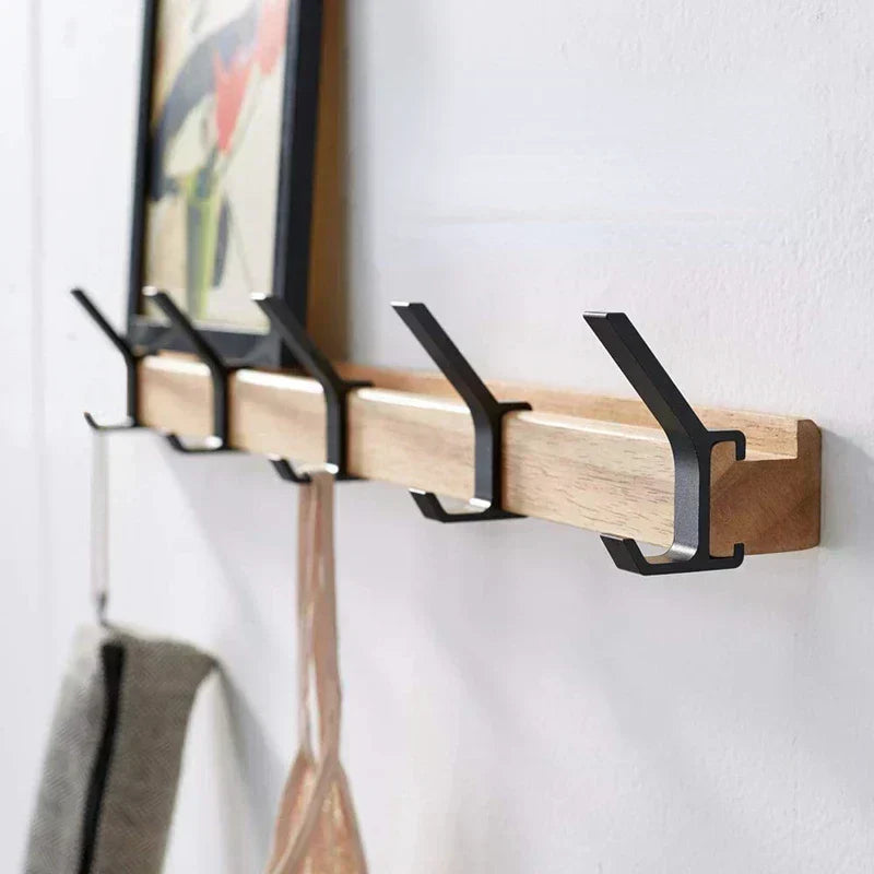 Davy Wall-Mounted Wardrobe Rack with 5 Adjustable Double Hooks Rubberwood and Aluminum Black 40cm