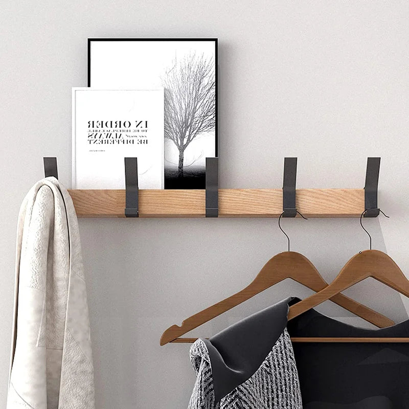 Davy Wall-Mounted Wardrobe Rack with 5 Adjustable Double Hooks Rubberwood and Aluminum Black 40cm