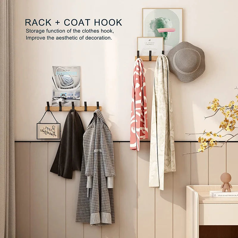 Davy Wall-Mounted Wardrobe Rack with 5 Adjustable Double Hooks Rubberwood and Aluminum Black 40cm