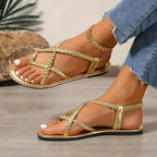 Women’s Braided Strap Flat Sandals Lightweight Slip-On Casual Summer Footwear with Cushioned Footbed