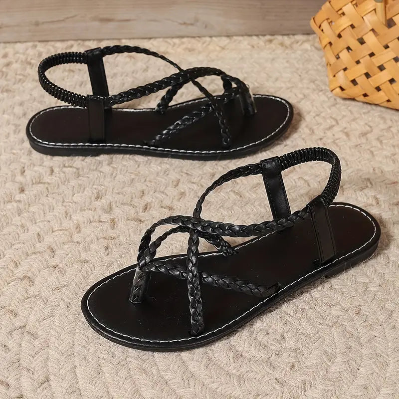 Women’s Braided Strap Flat Sandals Lightweight Slip-On Casual Summer Footwear with Cushioned Footbed