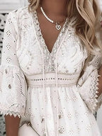 Women’s Boho Broderie Mini Dress with Flare Bell Sleeves V-Neck Summer Lightweight