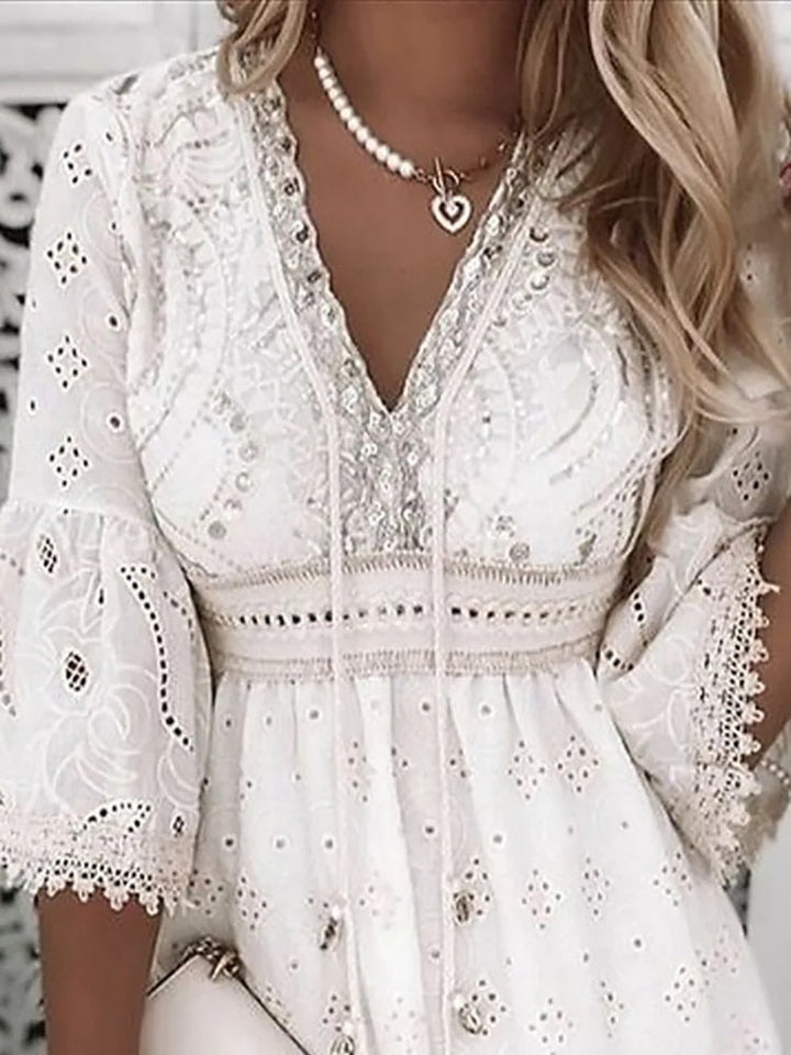 Women’s Boho Broderie Mini Dress with Flare Bell Sleeves V-Neck Summer Lightweight