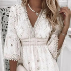 Women’s Boho Broderie Mini Dress with Flare Bell Sleeves V-Neck Summer Lightweight