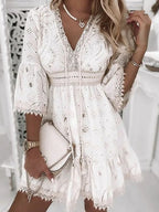 Women’s Boho Broderie Mini Dress with Flare Bell Sleeves V-Neck Summer Lightweight