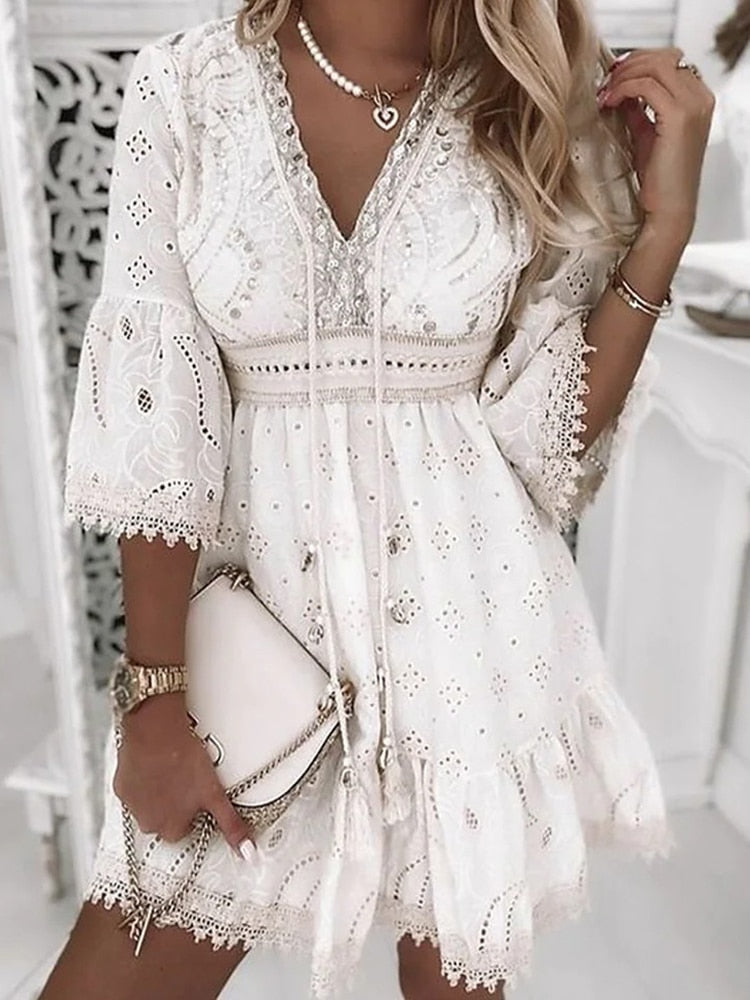 Women’s Boho Broderie Mini Dress with Flare Bell Sleeves V-Neck Summer Lightweight