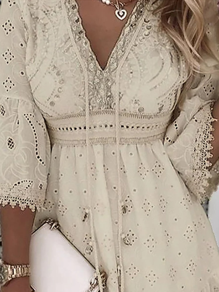 Women’s Boho Broderie Mini Dress with Flare Bell Sleeves V-Neck Summer Lightweight