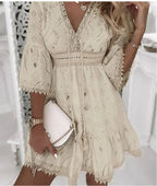 Women’s Boho Broderie Mini Dress with Flare Bell Sleeves V-Neck Summer Lightweight