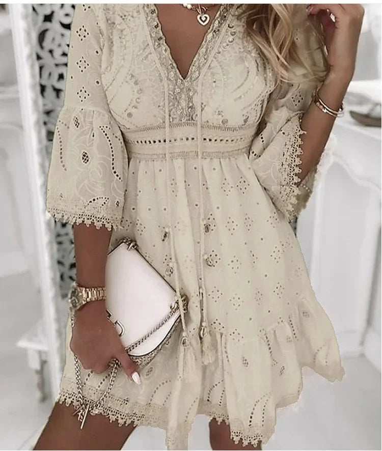 Women’s Boho Broderie Mini Dress with Flare Bell Sleeves V-Neck Summer Lightweight