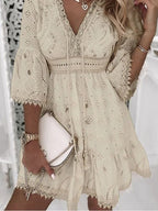 Women’s Boho Broderie Mini Dress with Flare Bell Sleeves V-Neck Summer Lightweight