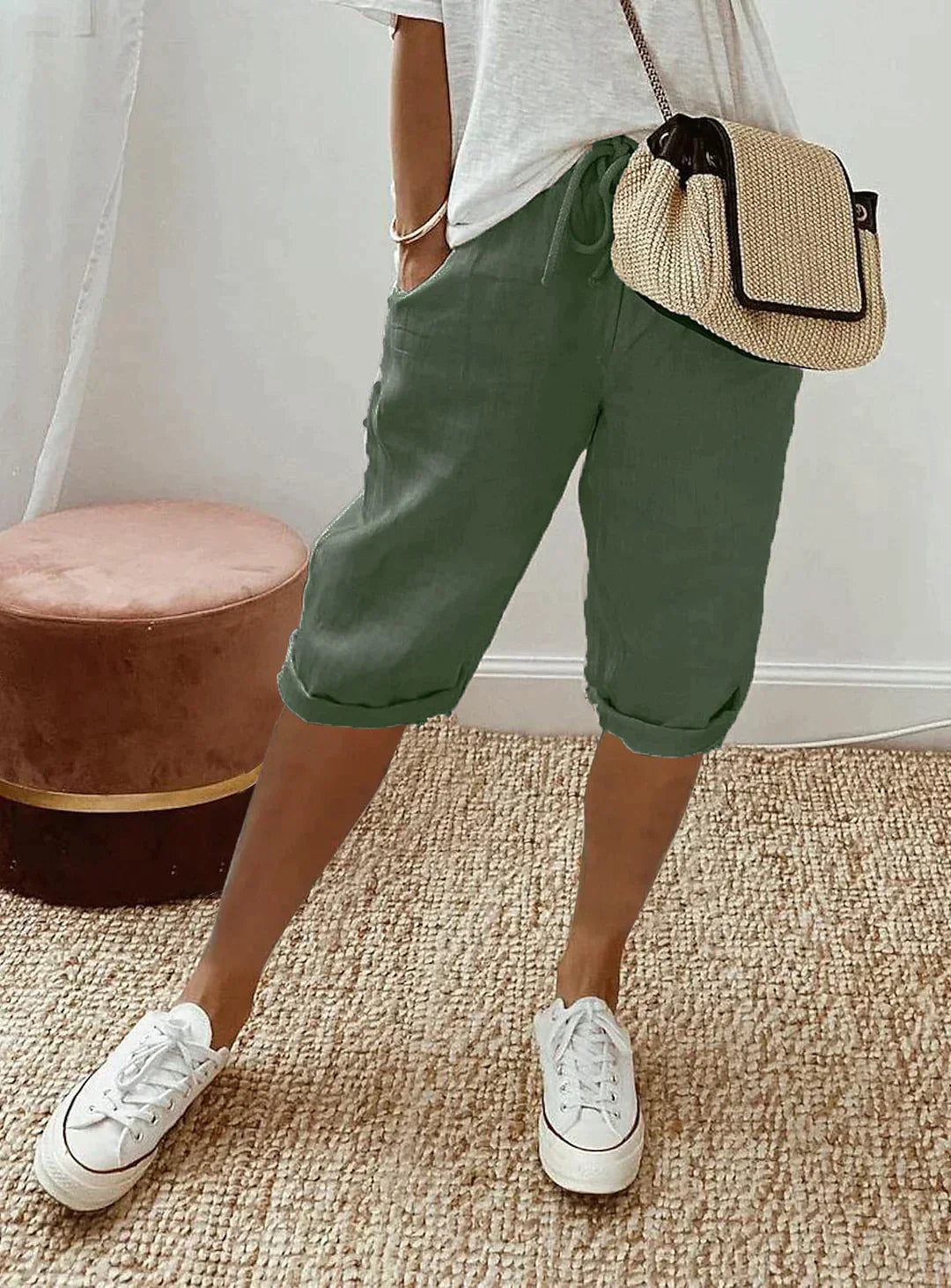 Women's Linen Cropped Drawstring Pants Lightweight Breathable Relaxed Fit Summer Trousers