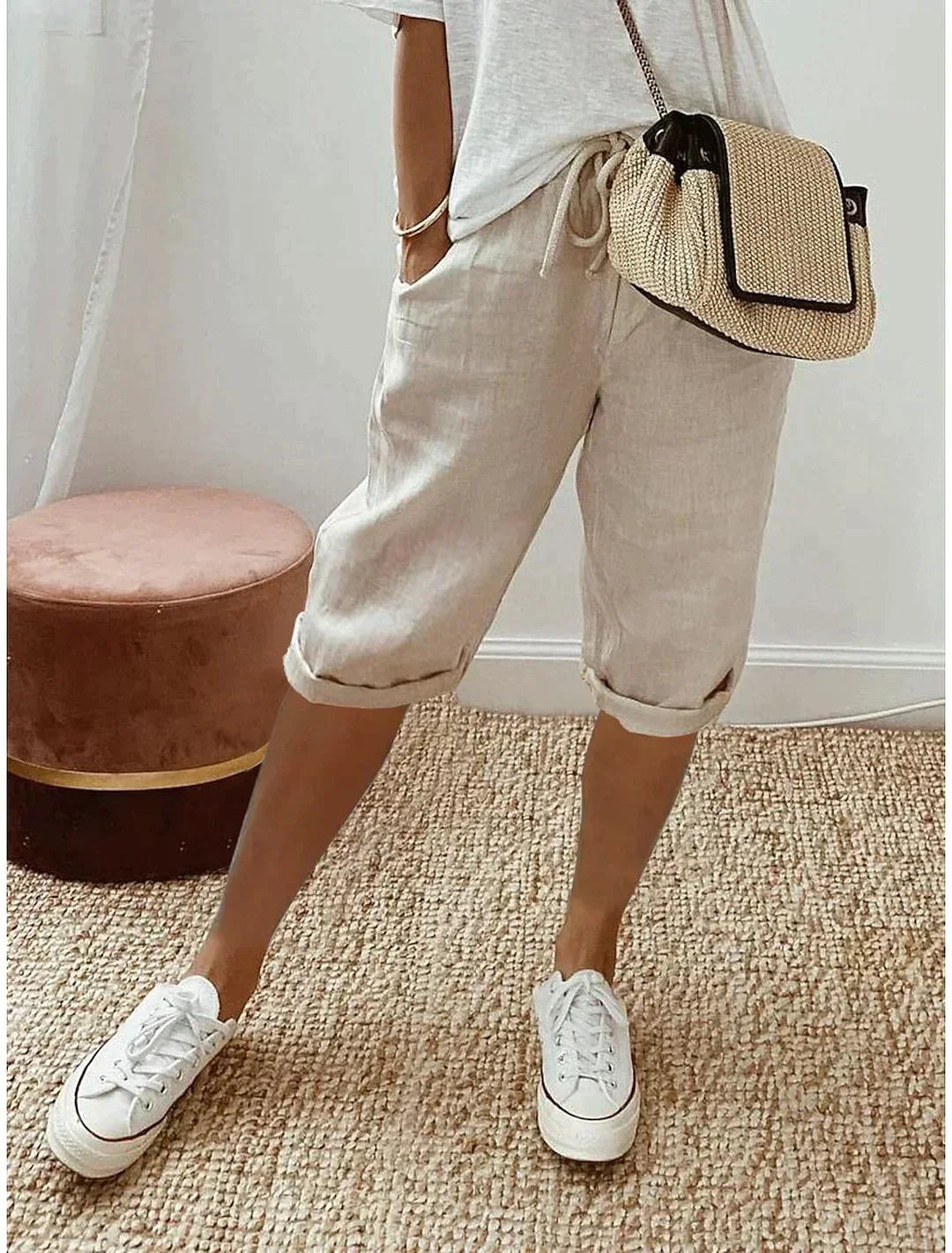 Women's Linen Cropped Drawstring Pants Lightweight Breathable Relaxed Fit Summer Trousers