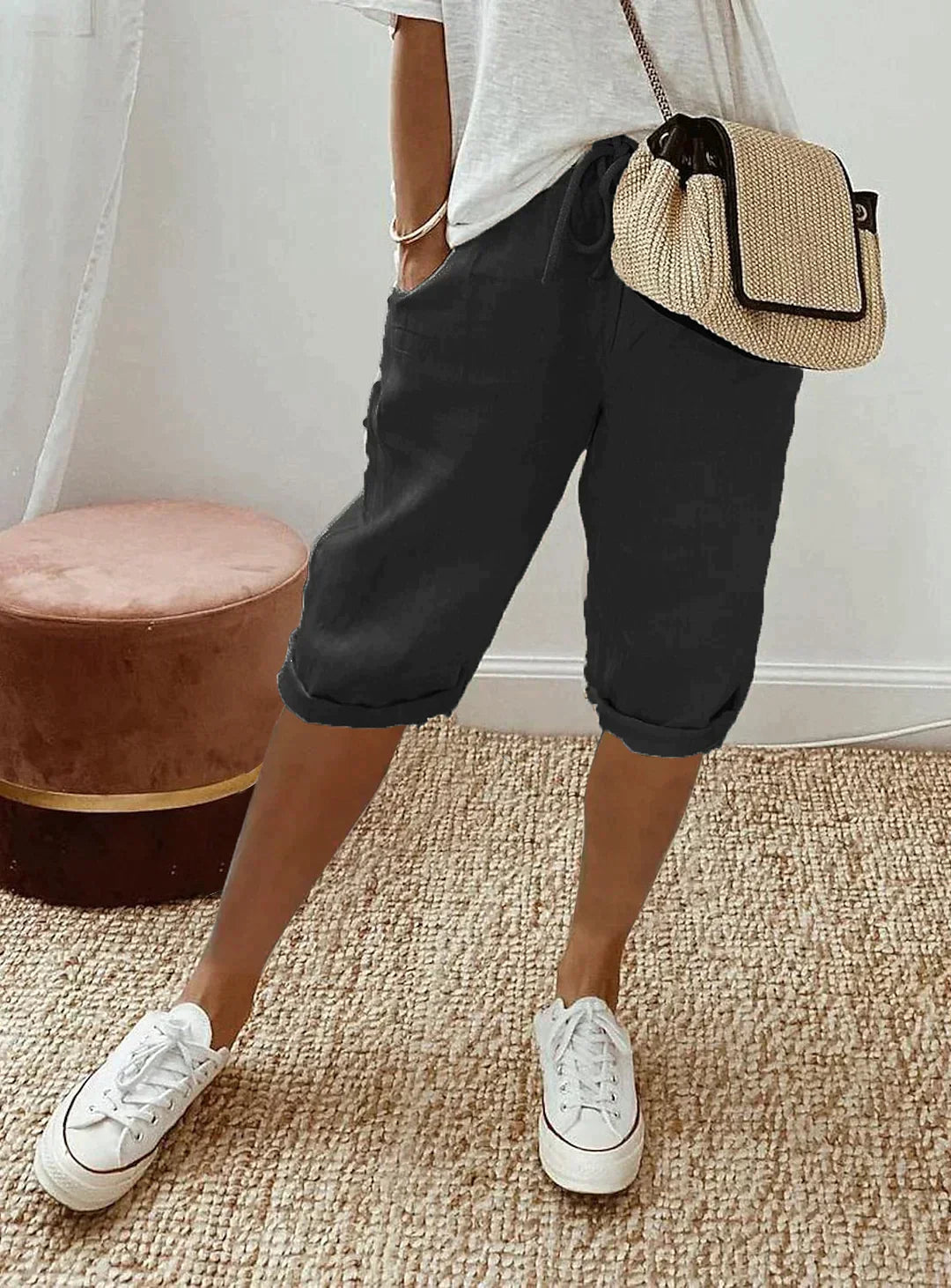 Women's Linen Cropped Drawstring Pants Lightweight Breathable Relaxed Fit Summer Trousers