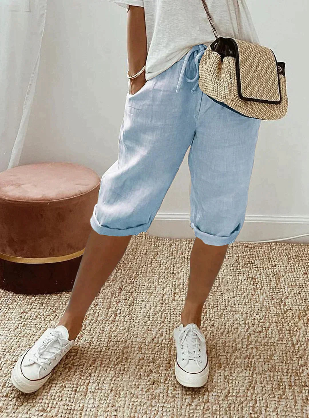 Women's Linen Cropped Drawstring Pants Lightweight Breathable Relaxed Fit Summer Trousers