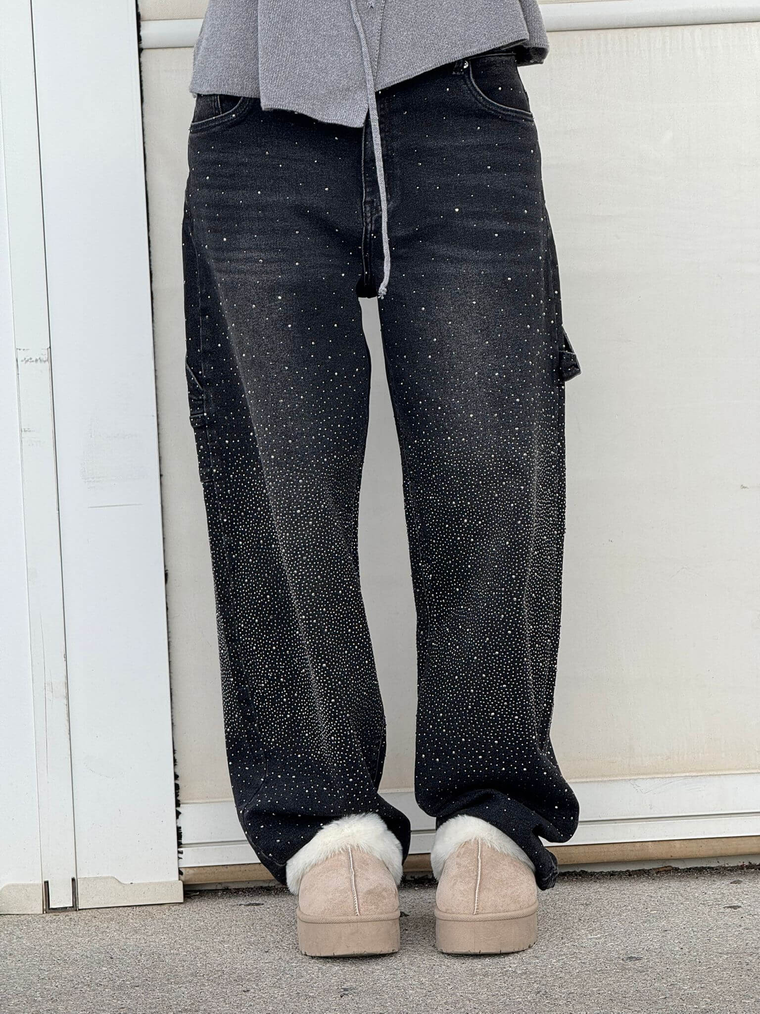 Rhinestone Wide Leg Jeans Women’s Light Denim Sparkling Embellished Loose Fit Pants