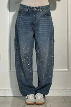 Rhinestone Wide Leg Jeans Women’s Light Denim Sparkling Embellished Loose Fit Pants