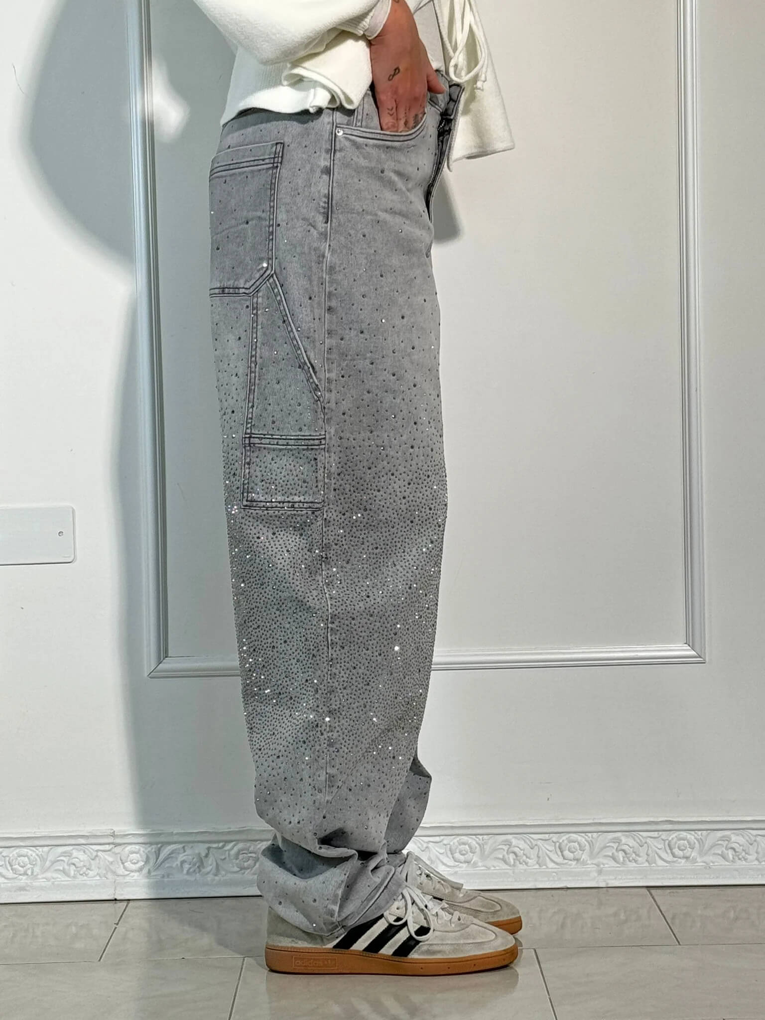 Rhinestone Wide Leg Jeans Women’s Light Denim Sparkling Embellished Loose Fit Pants