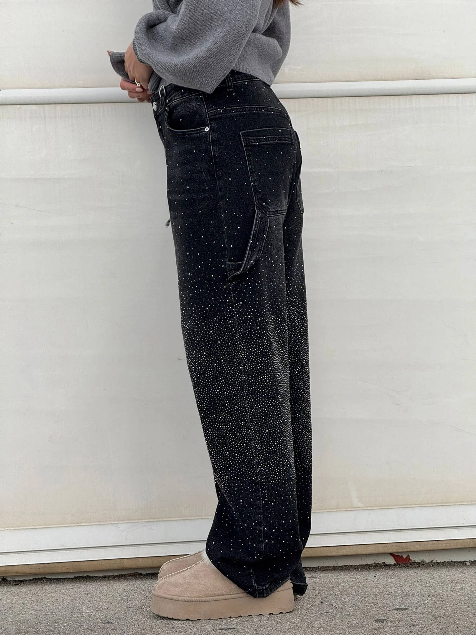 Rhinestone Wide Leg Jeans Women’s Light Denim Sparkling Embellished Loose Fit Pants