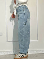 Rhinestone Wide Leg Jeans Women’s Light Denim Sparkling Embellished Loose Fit Pants