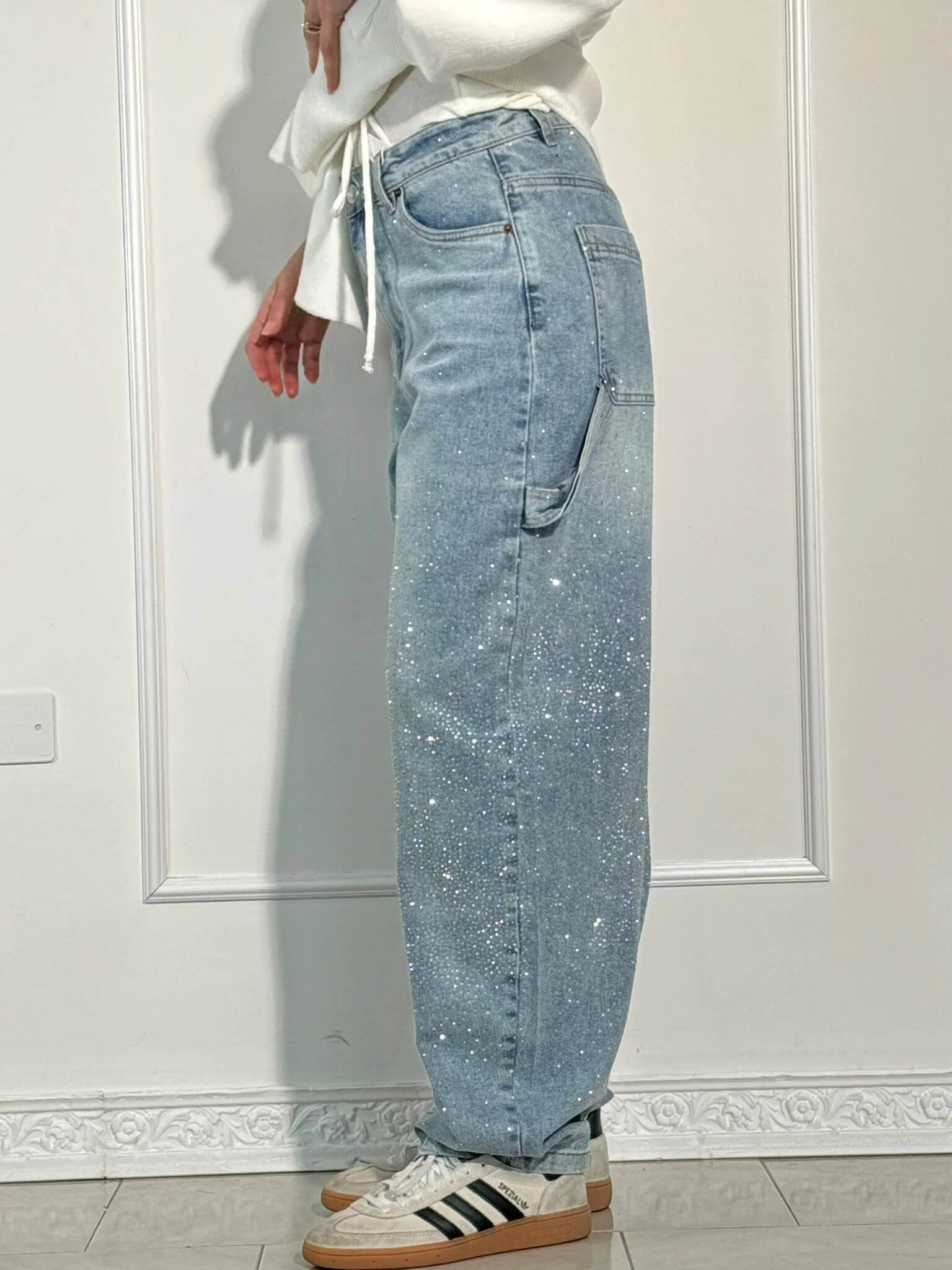 Rhinestone Wide Leg Jeans Women’s Light Denim Sparkling Embellished Loose Fit Pants