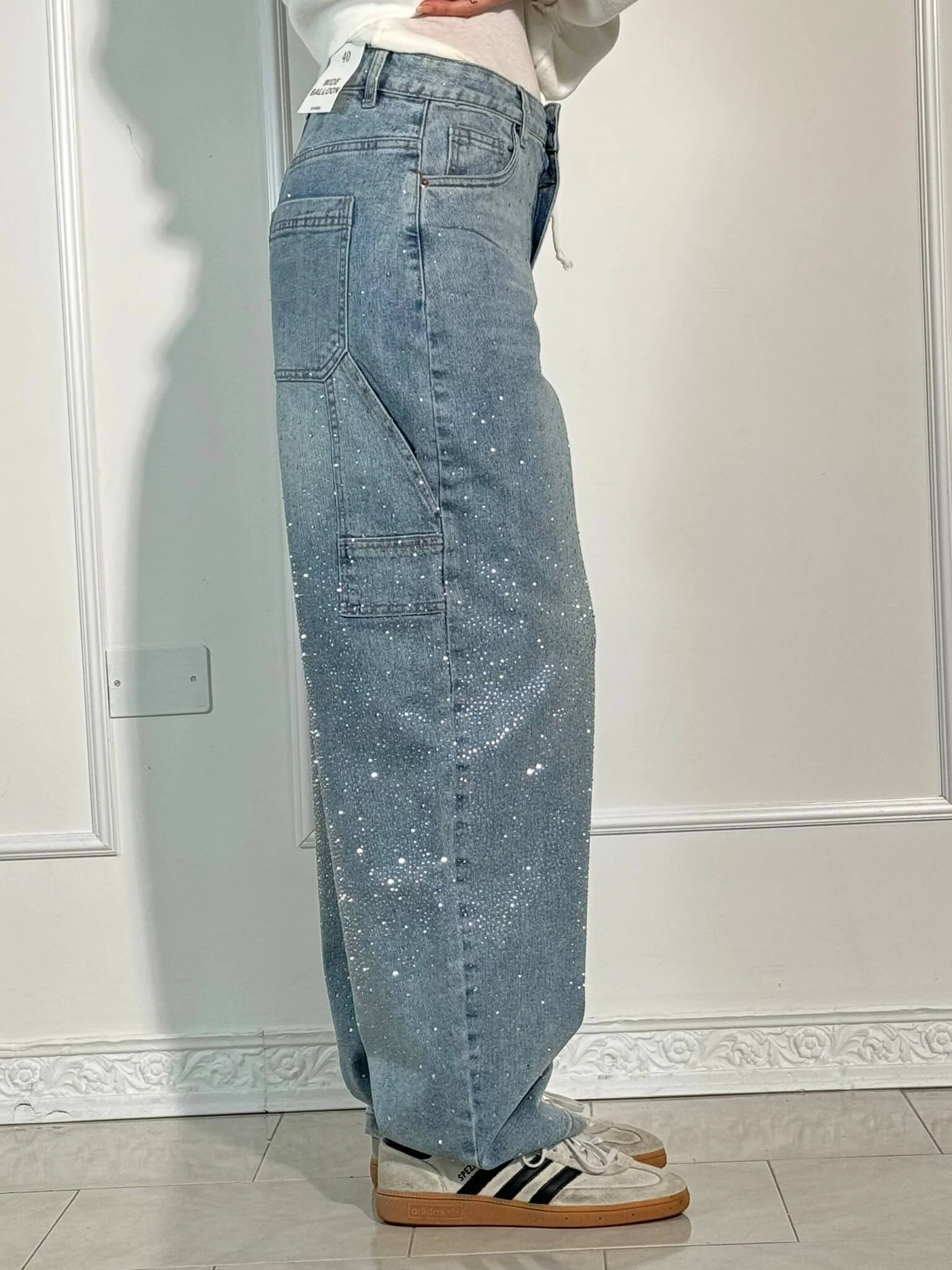 Rhinestone Wide Leg Jeans Women’s Light Denim Sparkling Embellished Loose Fit Pants