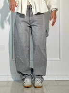 Rhinestone Wide Leg Jeans Women’s Light Denim Sparkling Embellished Loose Fit Pants
