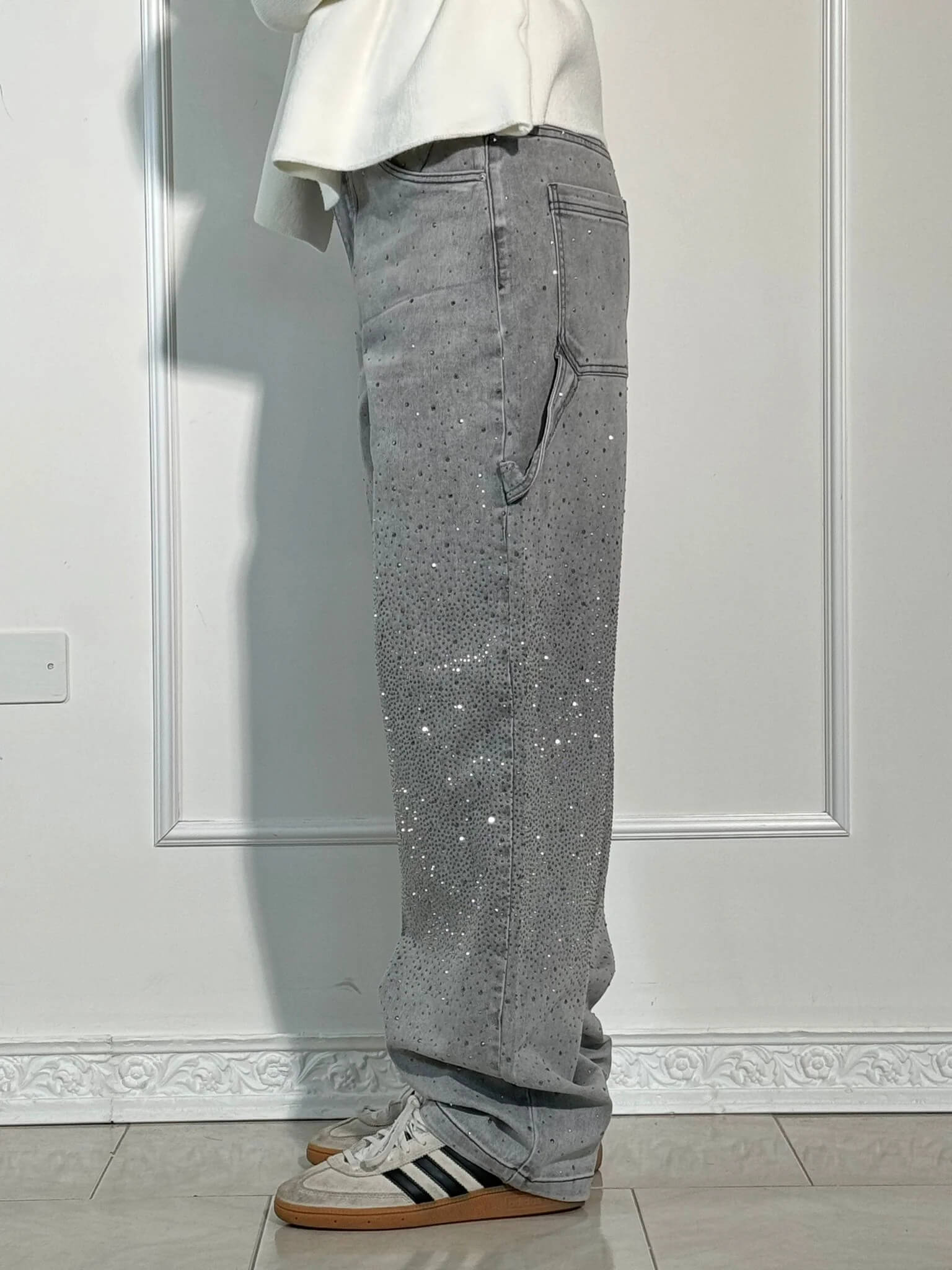 Rhinestone Wide Leg Jeans Women’s Light Denim Sparkling Embellished Loose Fit Pants