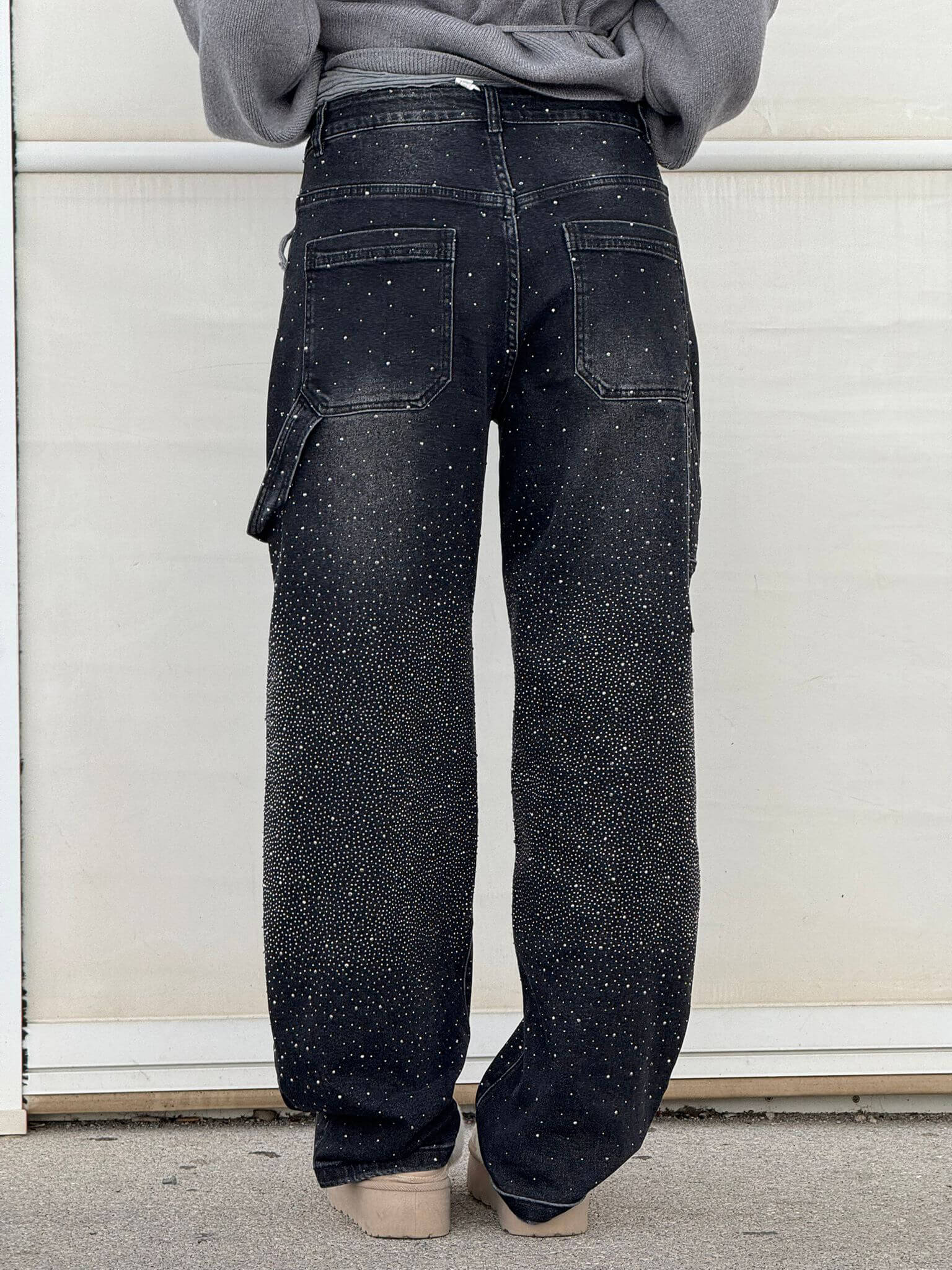 Rhinestone Wide Leg Jeans Women’s Light Denim Sparkling Embellished Loose Fit Pants