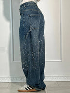 Rhinestone Wide Leg Jeans Women’s Light Denim Sparkling Embellished Loose Fit Pants