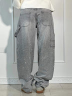 Rhinestone Wide Leg Jeans Women’s Light Denim Sparkling Embellished Loose Fit Pants