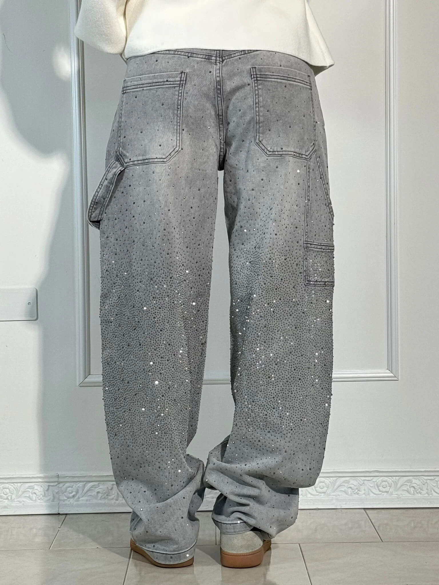 Rhinestone Wide Leg Jeans Women’s Light Denim Sparkling Embellished Loose Fit Pants