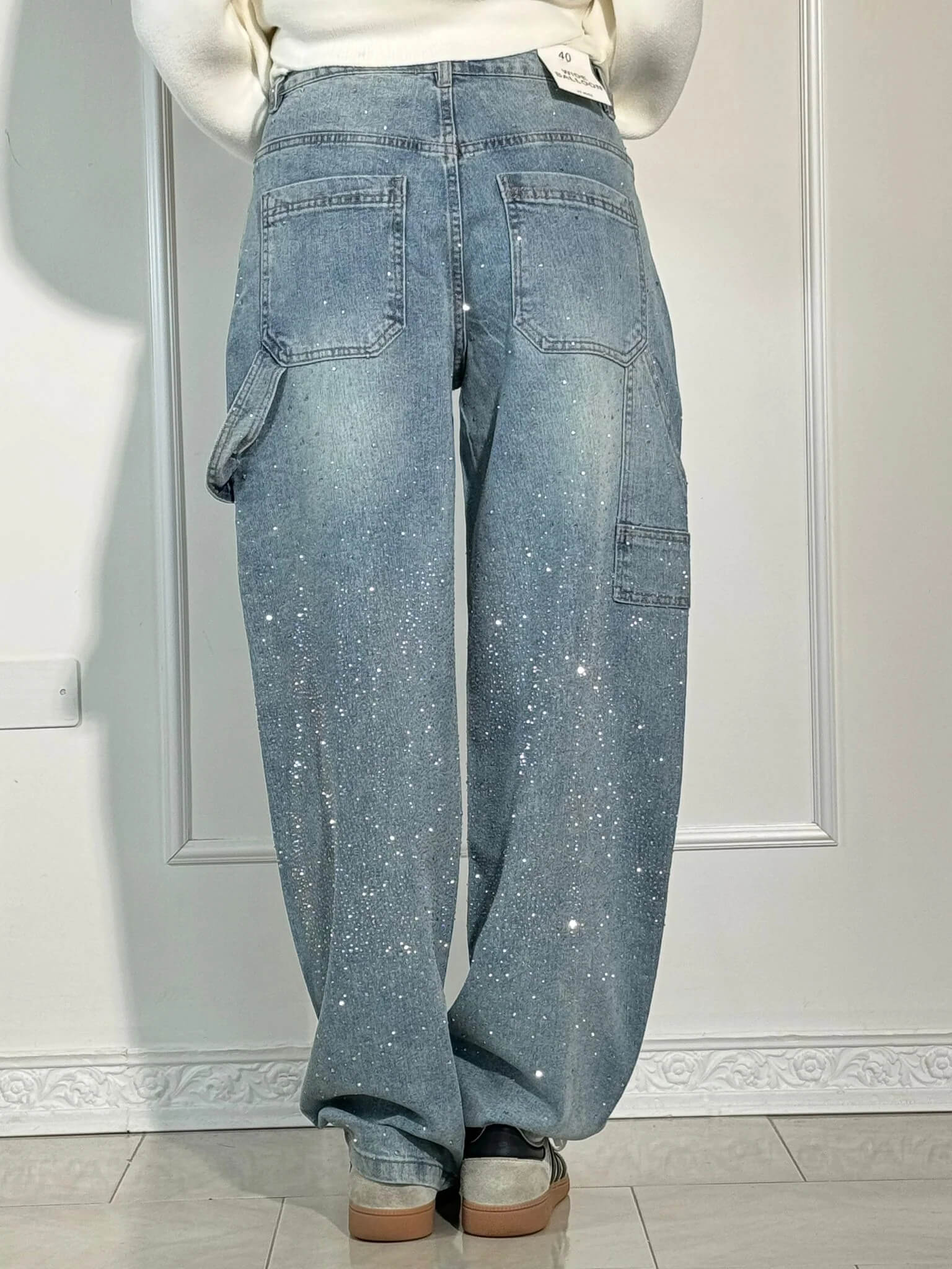 Rhinestone Wide Leg Jeans Women’s Light Denim Sparkling Embellished Loose Fit Pants