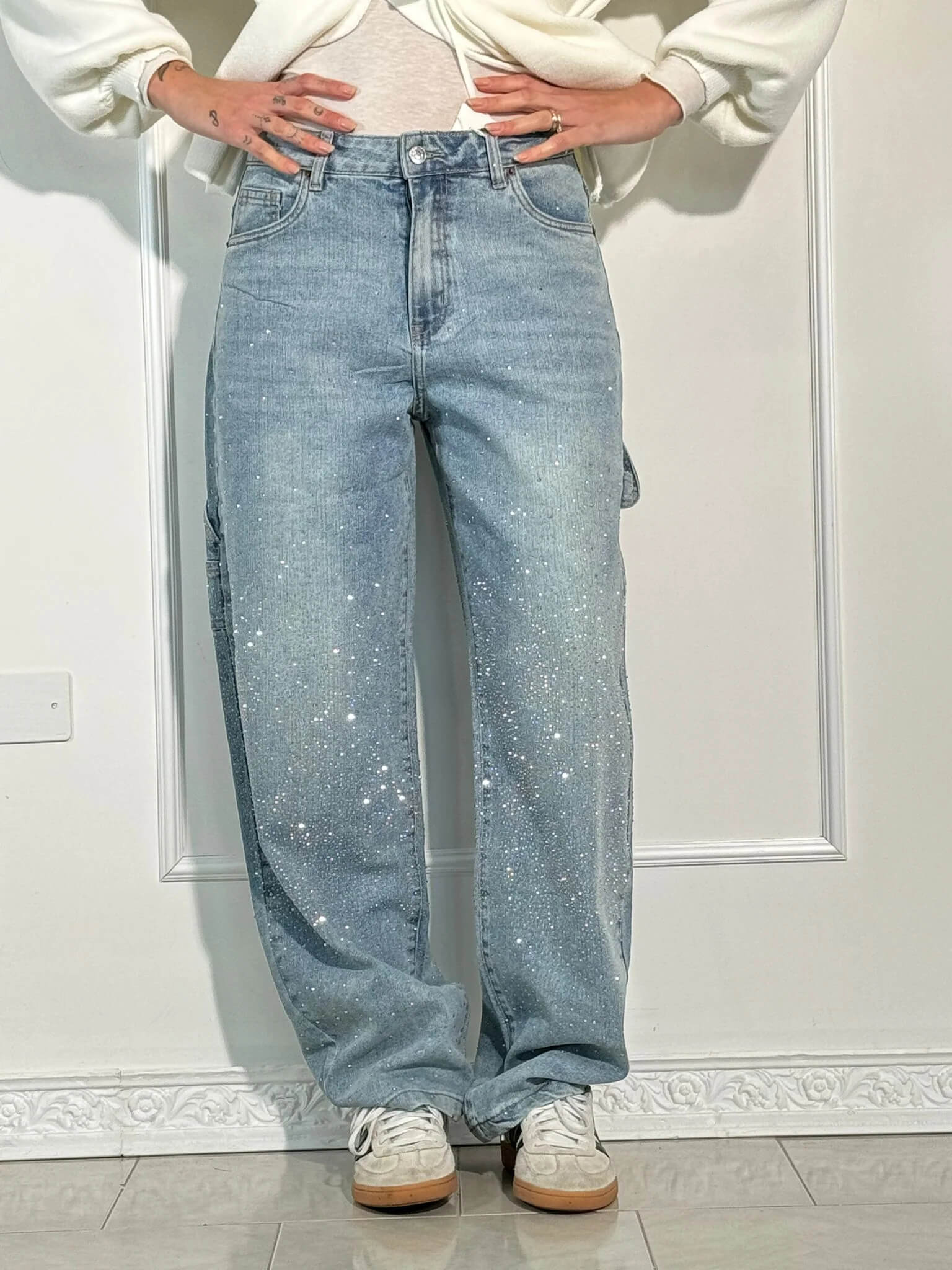 Rhinestone Wide Leg Jeans Women’s Light Denim Sparkling Embellished Loose Fit Pants