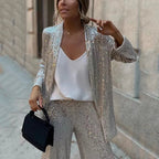 Women's Sequin Blazer and Wide-Leg Pants Set Tailored Two-Piece Evening Outfit