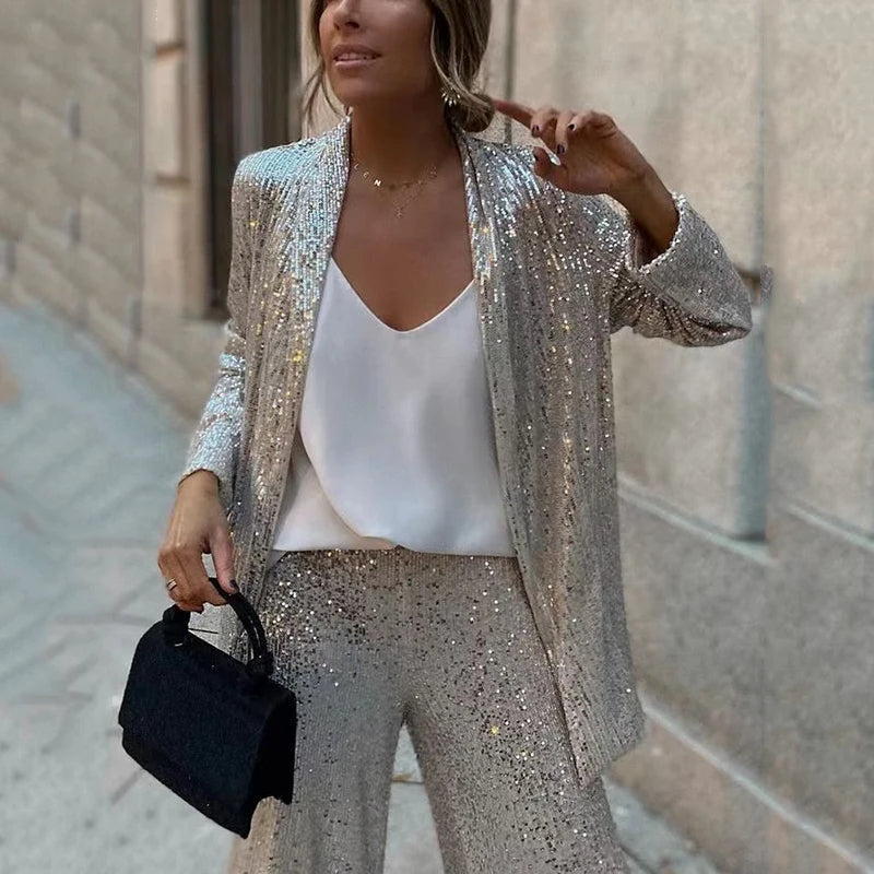 Women's Sequin Blazer and Wide-Leg Pants Set Tailored Two-Piece Evening Outfit