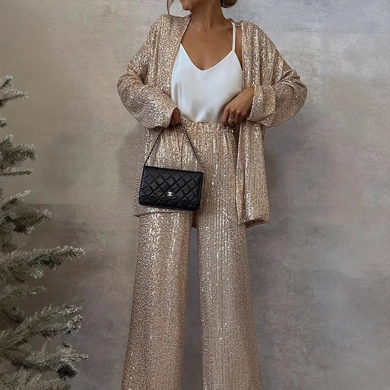 Women's Sequin Blazer and Wide-Leg Pants Set Tailored Two-Piece Evening Outfit