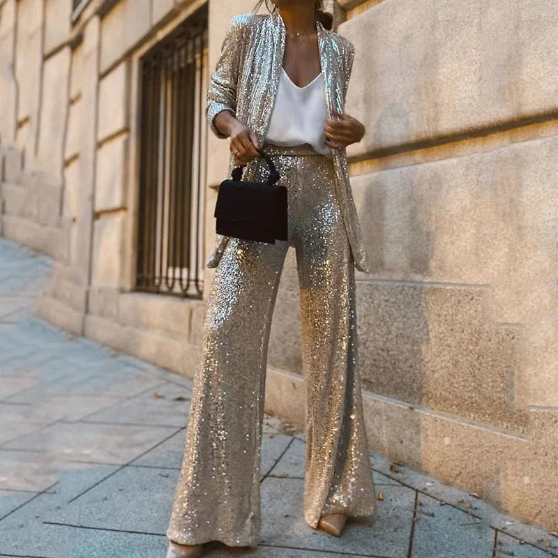 Women's Sequin Blazer and Wide-Leg Pants Set Tailored Two-Piece Evening Outfit