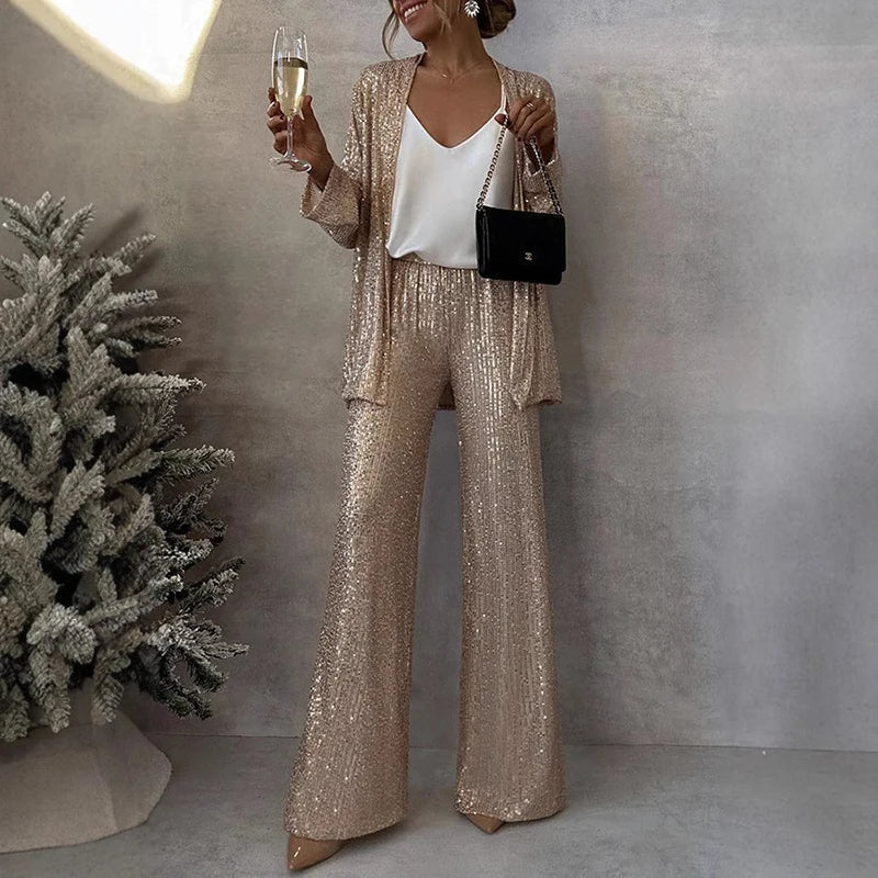 Women's Sequin Blazer and Wide-Leg Pants Set Tailored Two-Piece Evening Outfit