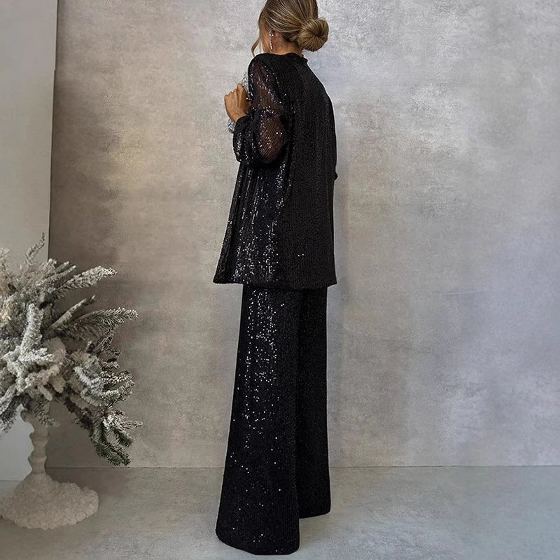 Women's Sequin Blazer and Wide-Leg Pants Set Tailored Two-Piece Evening Outfit