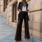 Women's Sequin Blazer and Wide-Leg Pants Set Tailored Two-Piece Evening Outfit