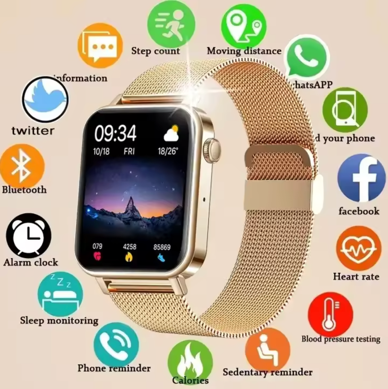 Women's Smartwatch with Mesh Band Full Touch Display Fitness Tracker Heart Rate Sleep Monitor