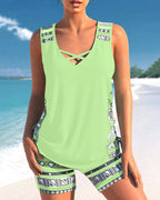 Women’s Cross-Neck Tankini Set Comfortable Fast-Drying Swimwear Top with Full Coverage
