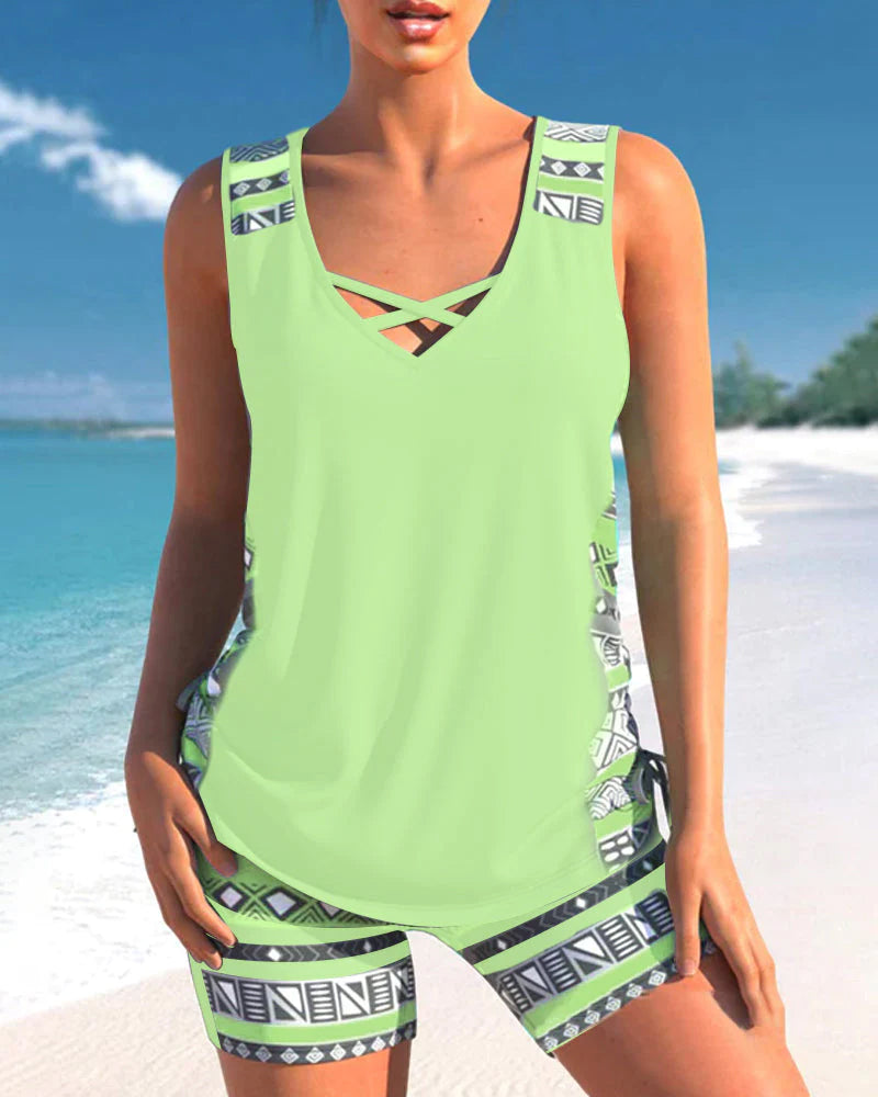 Women’s Cross-Neck Tankini Set Comfortable Fast-Drying Swimwear Top with Full Coverage