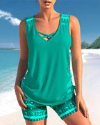 Women’s Cross-Neck Tankini Set Comfortable Fast-Drying Swimwear Top with Full Coverage