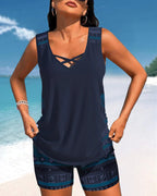Women’s Cross-Neck Tankini Set Comfortable Fast-Drying Swimwear Top with Full Coverage