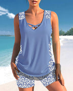 Women’s Cross-Neck Tankini Set Comfortable Fast-Drying Swimwear Top with Full Coverage