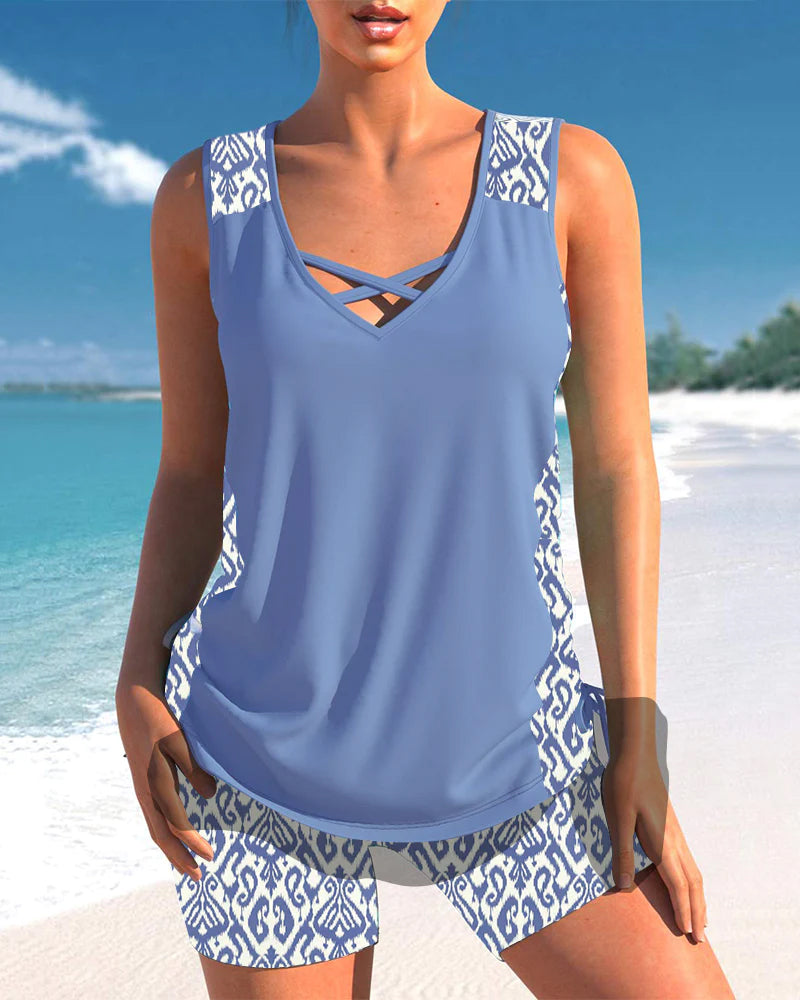 Women’s Cross-Neck Tankini Set Comfortable Fast-Drying Swimwear Top with Full Coverage